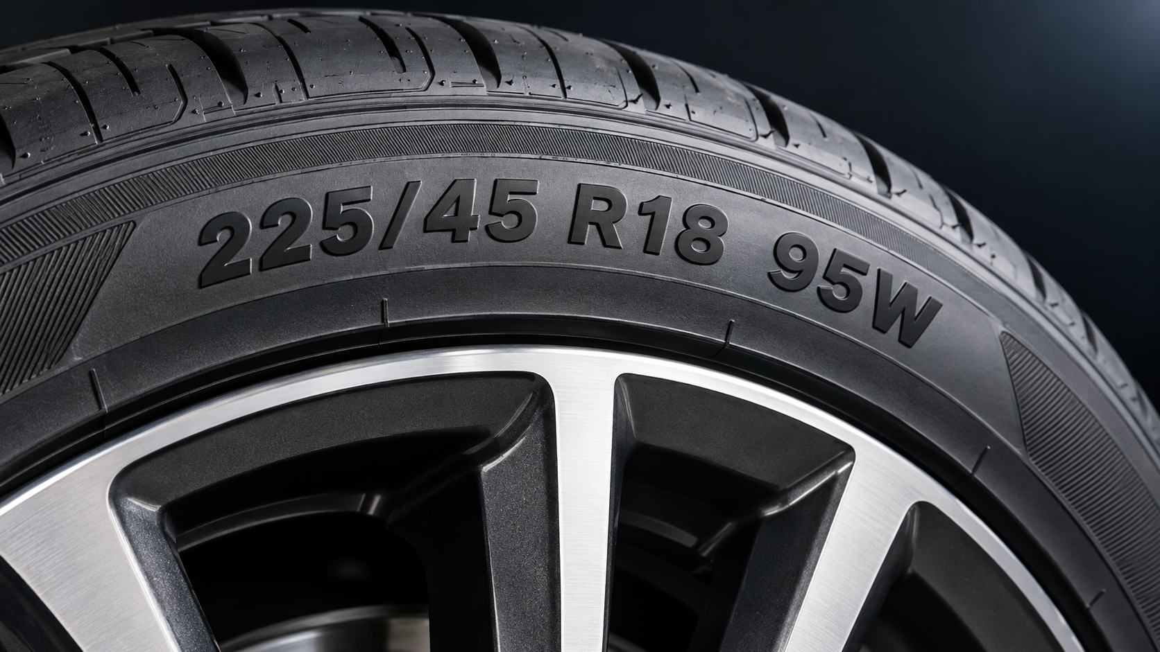 225/45 R18 95W 규격이 선명하게 새겨진 타이어 옆면 제작 이미지