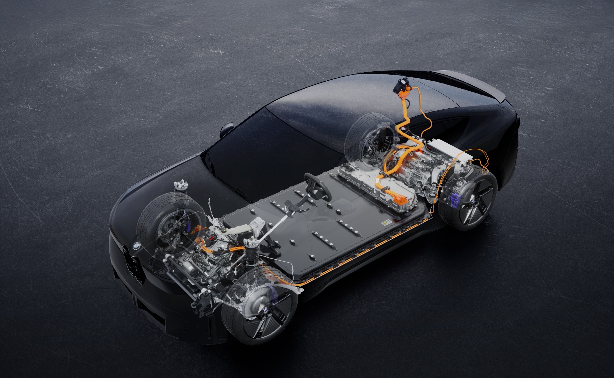 BMW iX4의 배터리 팩과 앞뒤 전기 구동계를 보여주는 기술 이미지